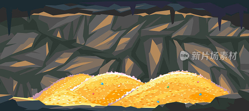 Piles of gold coins in cave